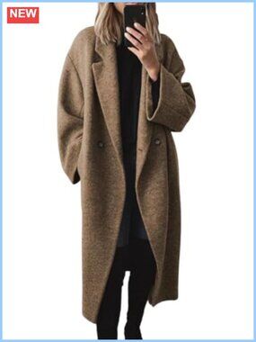 Double Breasted Wool Blend Long Trench Coat Notch Lapel